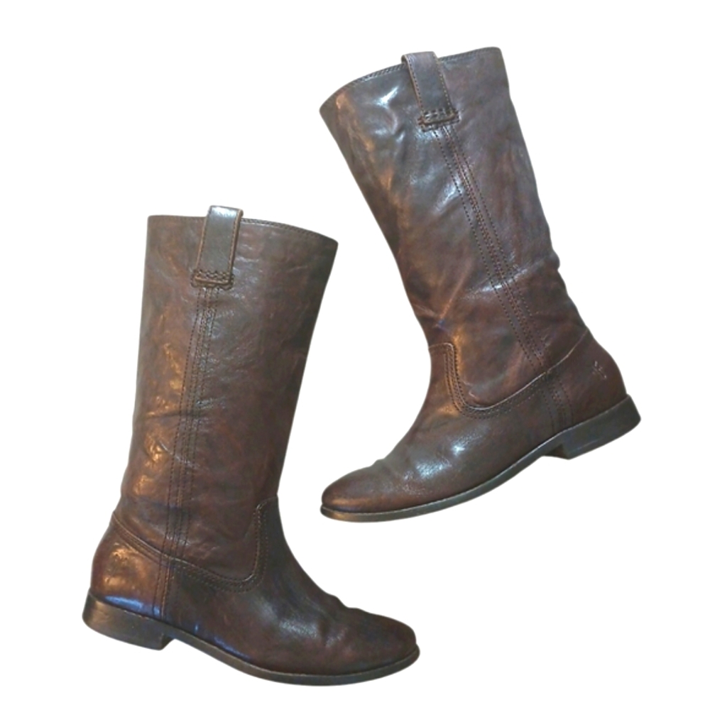 Frye Distressed Leather Cowgirl Boots Women's Brown Mid-Calf Western Boots 6.5